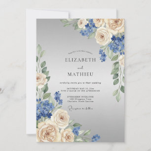 Blaue Creme-Blumenanordnung Hochzeit Einladung