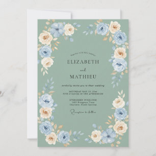 Blaue Creme Blumenhochzeit Einladung