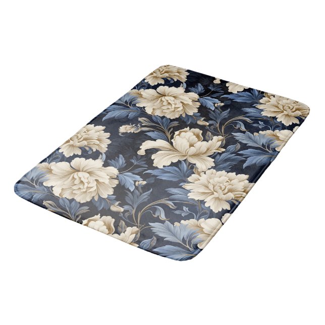 Blaue Creme floral Moderne Badematte (Schrägansicht)