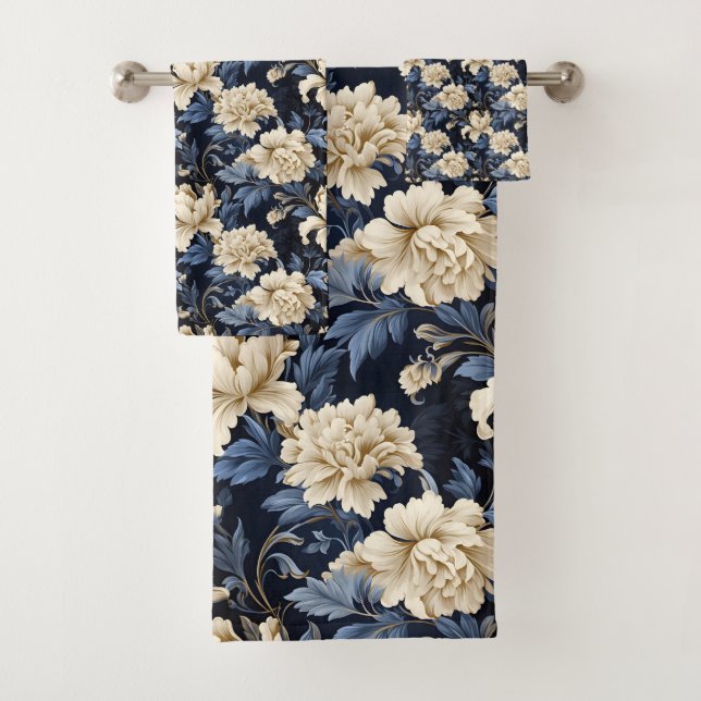 Blaue Creme floral Moderne Badhandtuch Set (Insitu)
