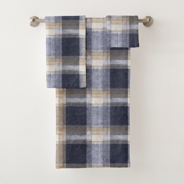 Blaue Creme Karierte Streifen Badhandtuch Set (Insitu)
