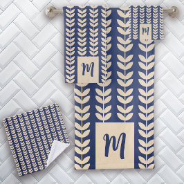 Blaue Creme Leaf Muster Monogram Badhandtuch Set