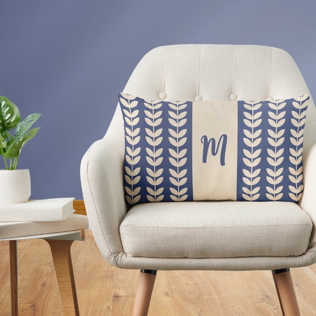 Blaue Creme Leaf Muster Monogram Lendenkissen (Von Creator hochgeladen)