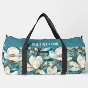 Blaue Creme Magnolie Personalisierte Schrift Name Duffle Bag