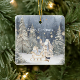 Blaue Creme Santa Schnee Weihnachtsbäume Keramikornament
