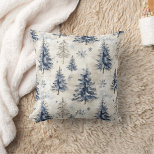 Blaue Creme Weihnachtsbäume Schneeflocken Kissen
