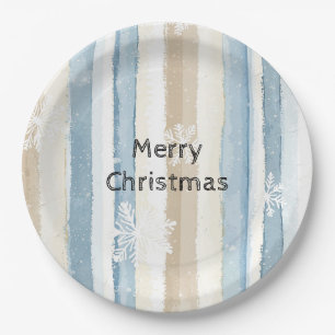 Blaue Creme WeihnachtsStreifen Schneeflocken Pappteller