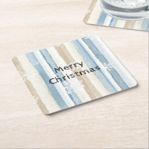 Blaue Creme WeihnachtsStreifen Schneeflocken Rechteckiger Pappuntersetzer