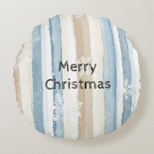 Blaue Creme WeihnachtsStreifen Schneeflocken Rundes Kissen