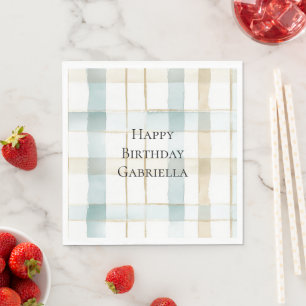 Blaue Creme Weiße Karierte Streifen Geburtstag Serviette