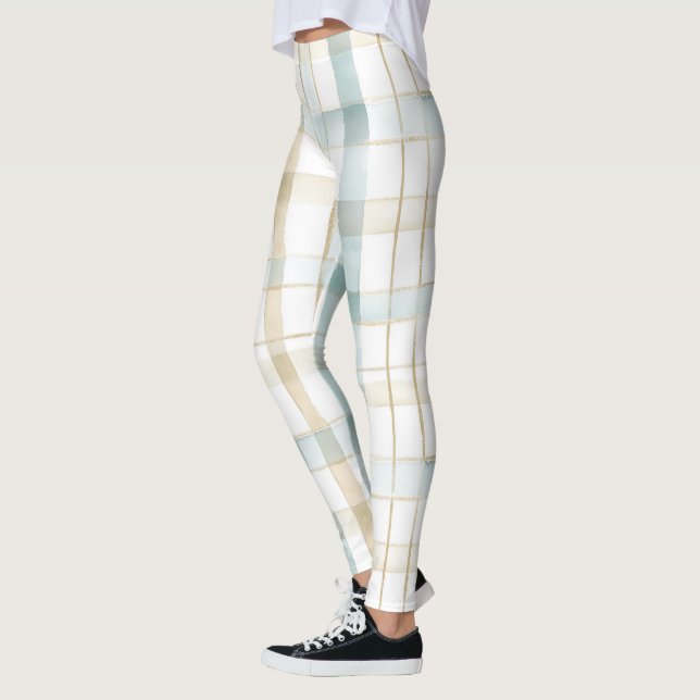 Blaue Creme Weiße Karos Leggings (Links)