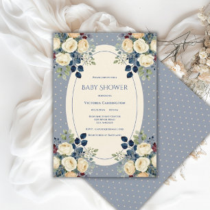Blaue & cremefarbene gepunktete Blumen Elegante Ba Einladung