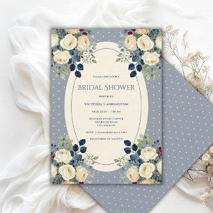 Blaue & cremefarbene Punkte Blumen Elegante Brautp Einladung