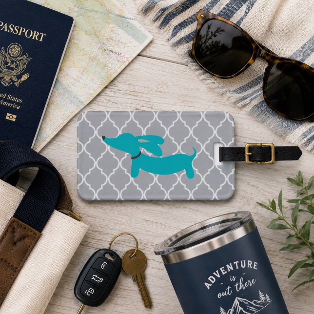 Blaue Dackel Gepäcktasche - Geschenk Gepäckanhänger (Wiener dog luggage tag blue and gray)