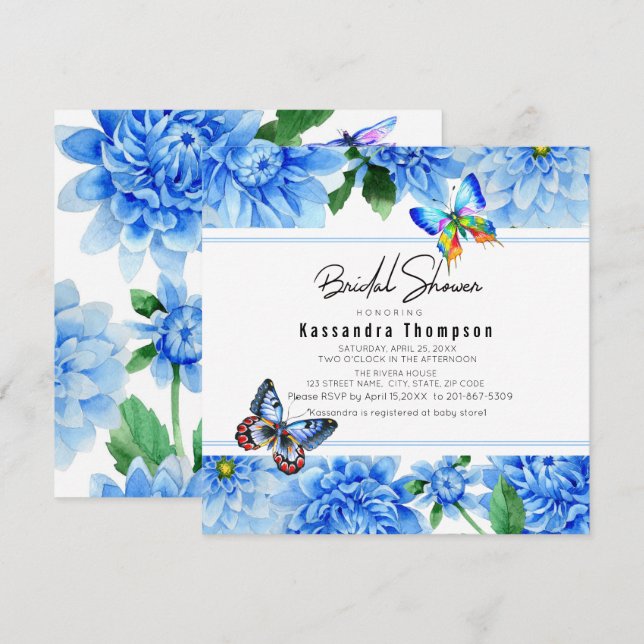 Blaue Dahlie-BlumenBrautparty-Einladung Einladung (Vorne/Hinten)