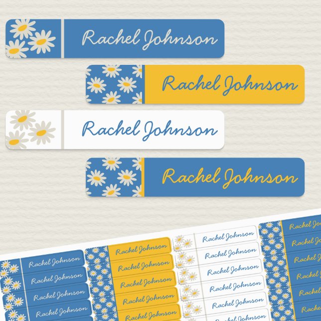 Blaue Daisy und Retro-gestreifte wasserdichte Kind Etiketten (Girls Waterproof Name Labels with daisies, in blue, yellow and white.)