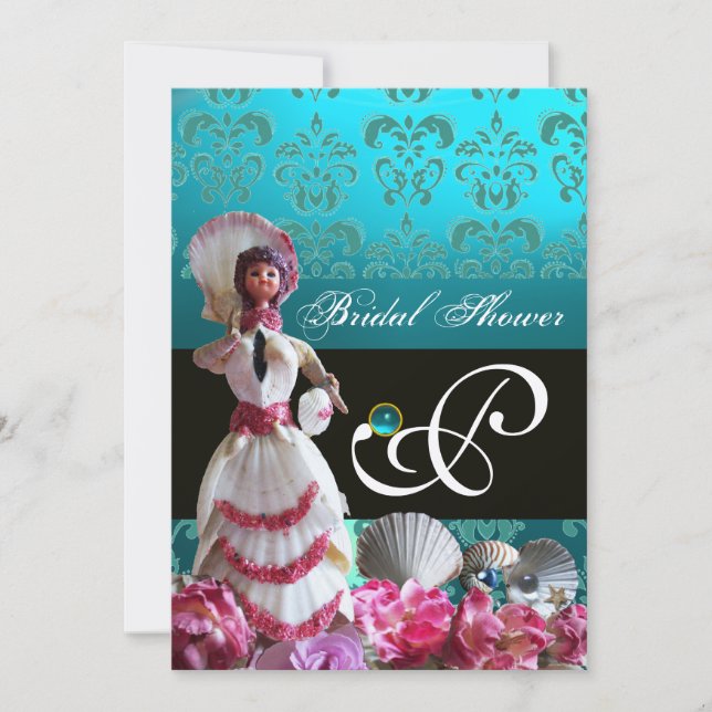 BLAUE DAMASK BEACH WEDD - BRAUTPARTY MONOGRAM EINLADUNG (Vorderseite)