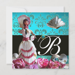 BLAUE DAMASK BEACH WEDD - BRAUTPARTY MONOGRAM EINLADUNG