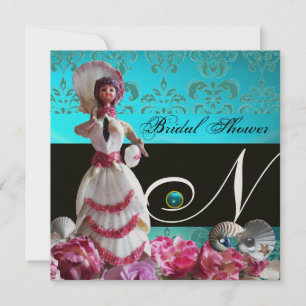 BLAUE DAMASK BEACH WEDD - BRAUTPARTY MONOGRAM EINLADUNG