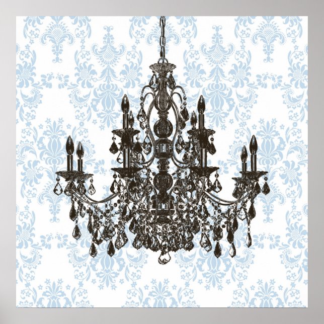 Blaue Damaskus Kronleuchter Wand Drucken Poster (Vorne)