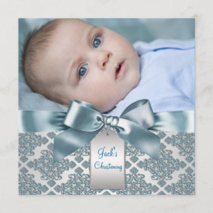 Blaue Damast-Tauf-Foto für Babyjungen Einladung