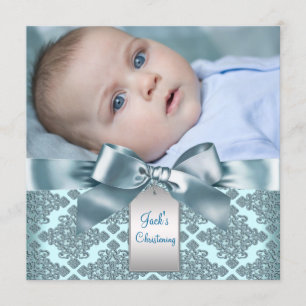 Blaue Damast-Taufe Baby Junge Foto-Taufkleid Einladung
