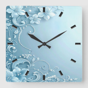 Blaue dekorative Blumenwanduhr Quadratische Wanduhr