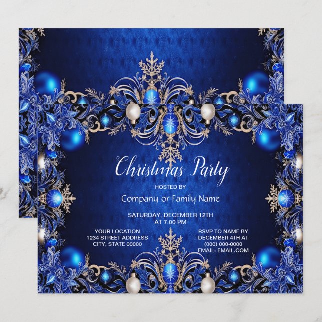 Blaue dekorative Weihnachtsfeier Party Einladung (Vorne/Hinten)