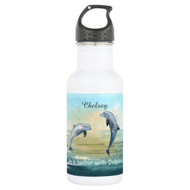 Blaue Delfine Jumping Sonnenwasser Wasserfarbe Nam Edelstahlflasche (Vorderseite)