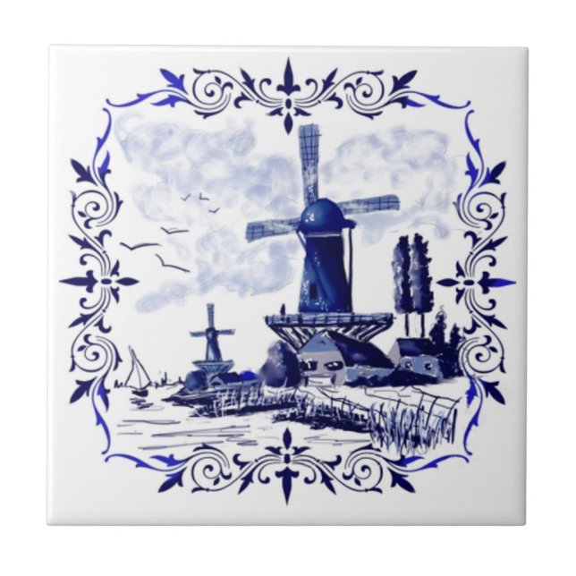 Blaue Delft-Windmühlen-Szenen-Gewohnheits-Fliese Fliese (Vorderseite)