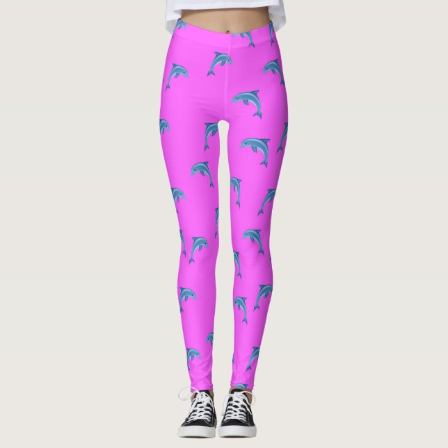 Blaue Delphine auf rosa, tierbezogen, Cartoon Leggings (Vorderseite)
