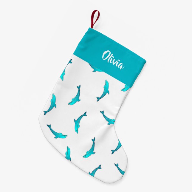 Blaue Delphine auf Weiß Kleiner Weihnachtsstrumpf (Vorderansicht (hängend))