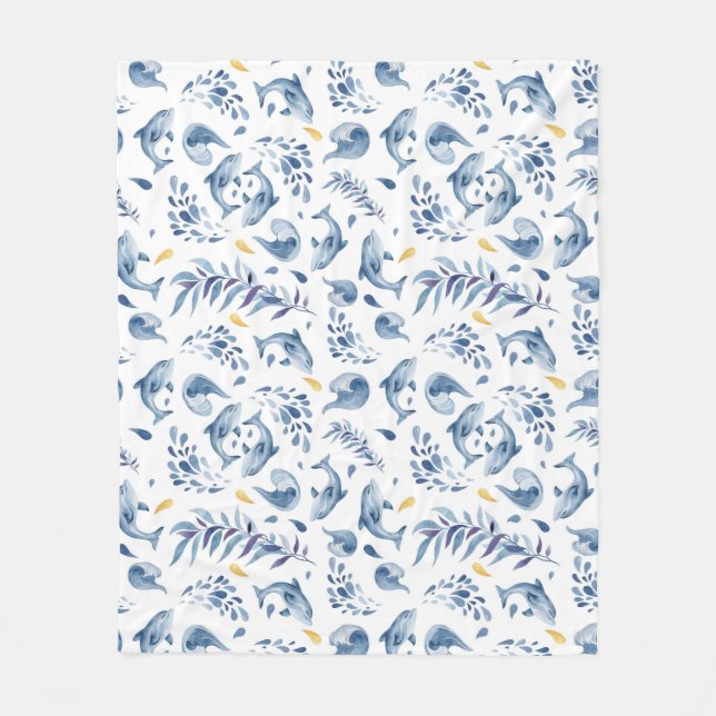 Blaue Delphine und Wellen Fleecedecke (Vorderseite)