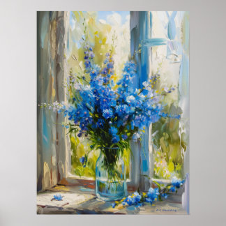 Blaue Delphinien in Vase am Fenster A.I. Poster
