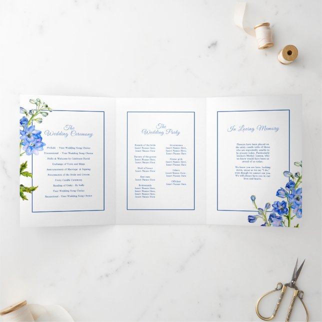 Blaue Delphinium-Blume Hochzeit in Aquarell Dreifach-gefaltete Programmkarte (Innenseite)