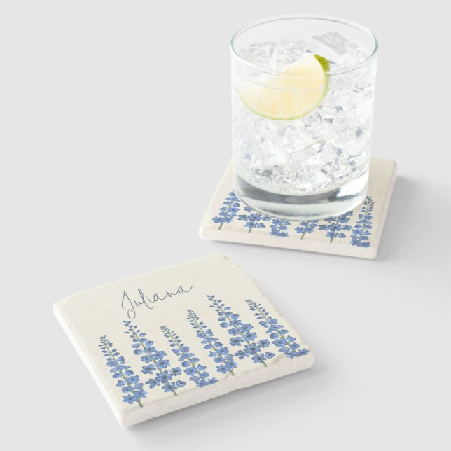 Blaue Delphinium-Blume im Juli Steinuntersetzer (Seitenansicht)