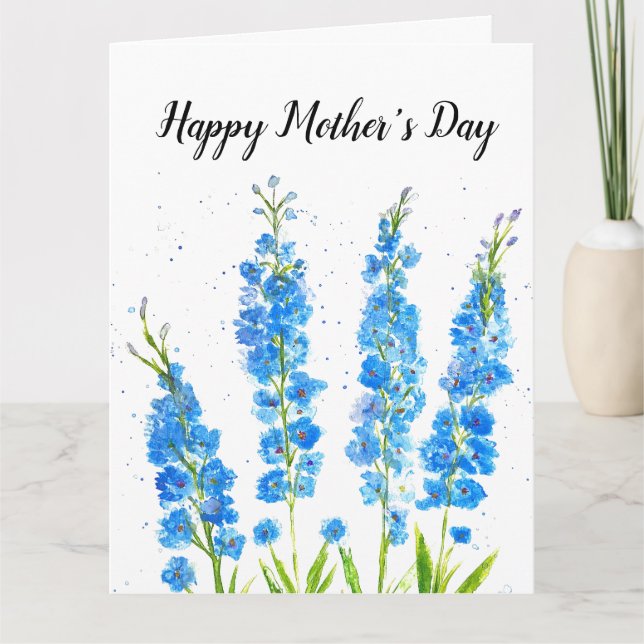Blaue Delphinium florale Aquarell elegant rustikal Karte (Vorderseite)