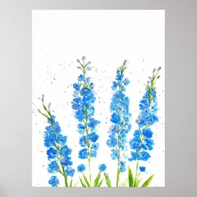 Blaue Delphinium florale Aquarell elegant rustikal Poster (Vorne)