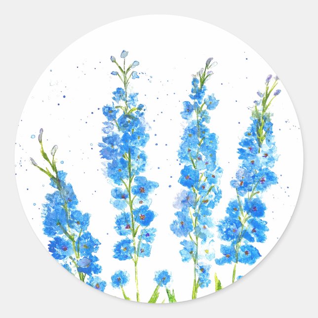 Blaue Delphinium florale Aquarell elegant rustikal Runder Aufkleber (Vorderseite)