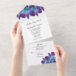 Blaue Dendrobium-Orchideen-Hochzeits-RSVP All In One Einladung