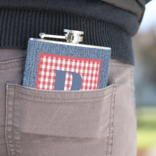 Blaue Denim, Rot-Weiß kariert, großer Anfangsbuchs Flachmann