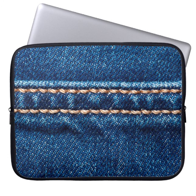 Blaue Denim-Textur mit Naht der Naht, Jeans Laptopschutzhülle (Vorderseite)