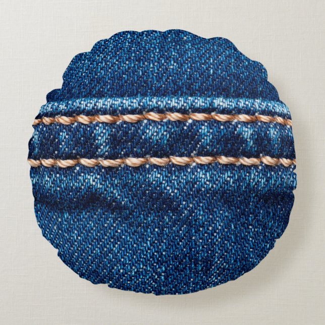 Blaue Denim-Textur mit Naht der Naht, Jeans Rundes Kissen (Vorderseite)