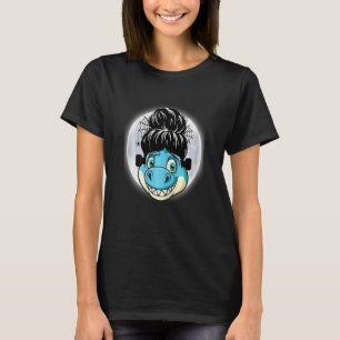 Blaue Dinosaurier-Frauen mit Spinnennetz messy bun T-Shirt