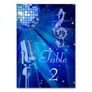 Blaue Disco-Kugel und Retro-Mikrofon Tischnummer