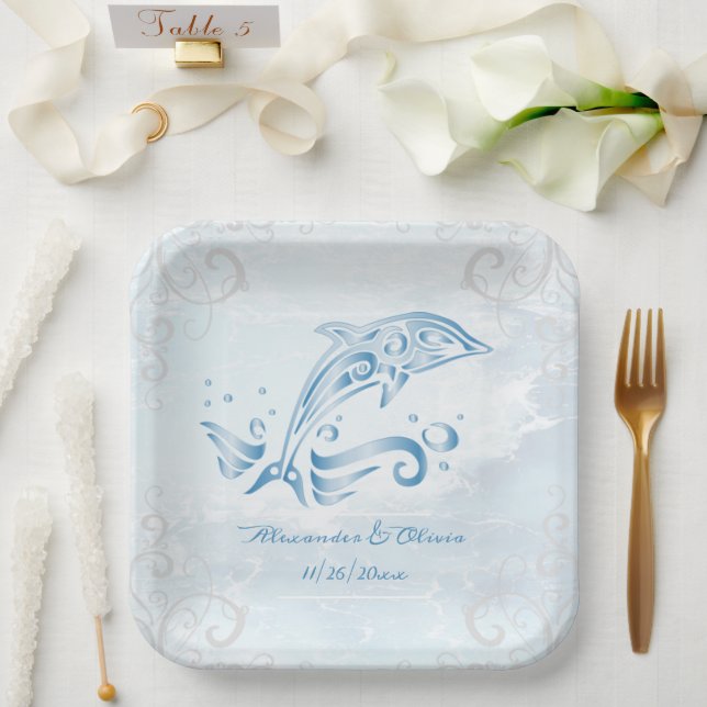 Blaue Dolphin-Polterabend-Papierplatte Pappteller (Hochzeit)
