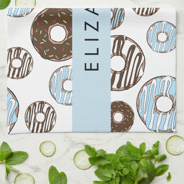 Blaue Donuts, braune Donuts, Sprinklen, Ihr Name Geschirrtuch (Gefaltet)