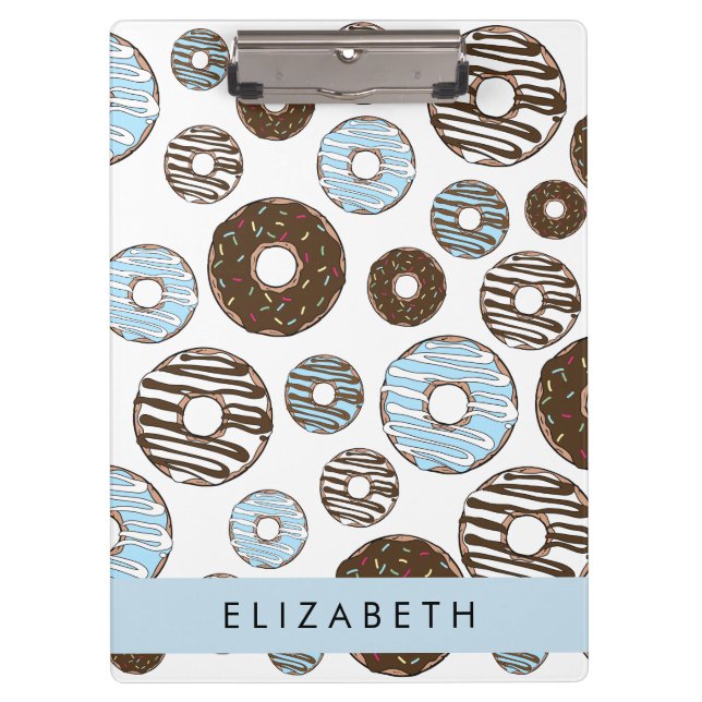 Blaue Donuts, braune Donuts, Sprinklen, Ihr Name Klemmbrett (Vorderseite)