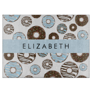 Blaue Donuts, braune Donuts, Sprinklen, Ihr Name Schneidebrett