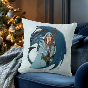 Blaue Drachen-Zauberin Schneeflocken Kissen